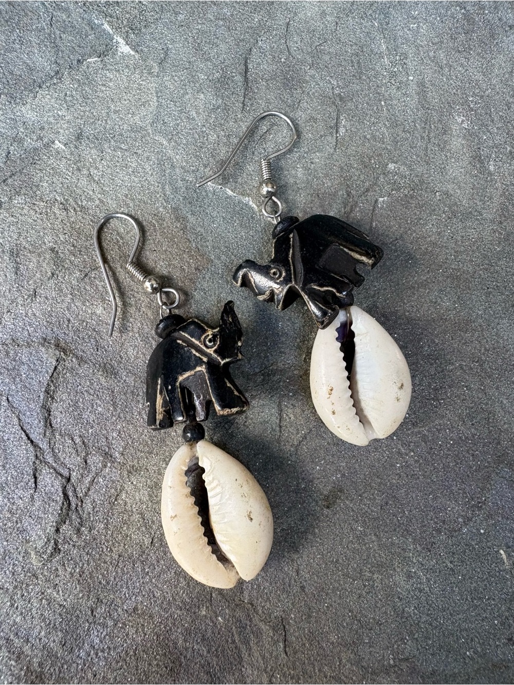 Handcrafted Black Elephant & White Shell Drop Earrings